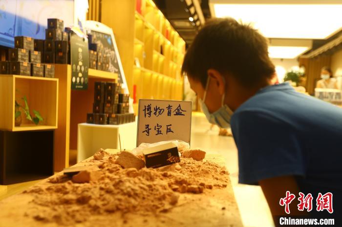 圖為在江西省博物館天工坊，一名小男孩端詳著已經(jīng)拆解完畢的“考古盲盒”現(xiàn)場(chǎng)。　劉占昆 攝