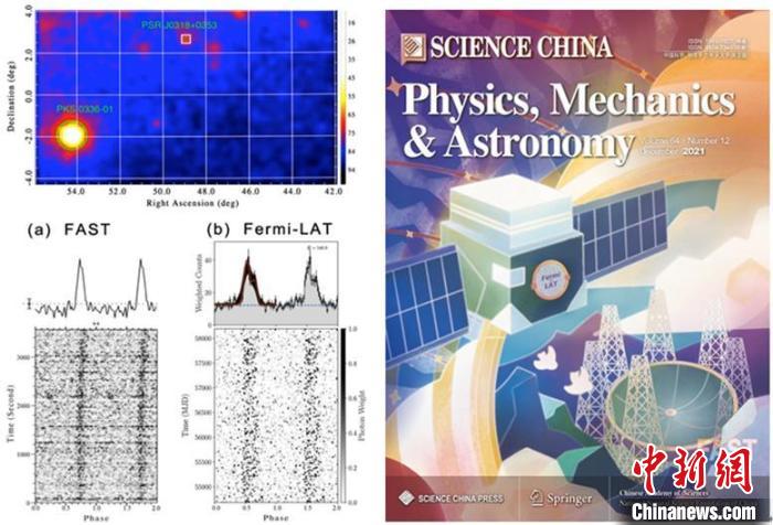 PSR J0318+0253位置和積分脈沖輪廓(左)；FAST-FermiLAT合作開展脈沖星觀測(cè)。　國(guó)家天文臺(tái) 供圖