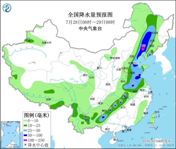 圖3 全國(guó)降水量預(yù)報(bào)圖(7月28日08時(shí)-29日08時(shí))