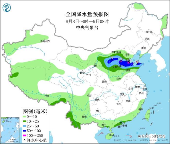 全國降水量預(yù)報(bào)圖(8月8日08時(shí)-9日08時(shí))