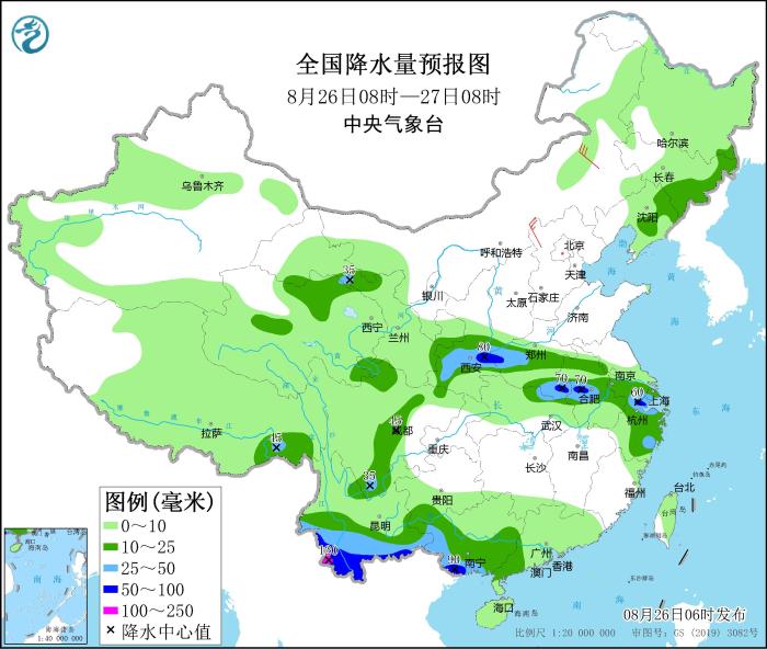 全國降水量預(yù)報圖(8月26日08時-27日08時)