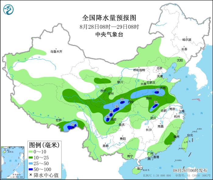 全國降水量預(yù)報圖(8月28日08時-29日08時)