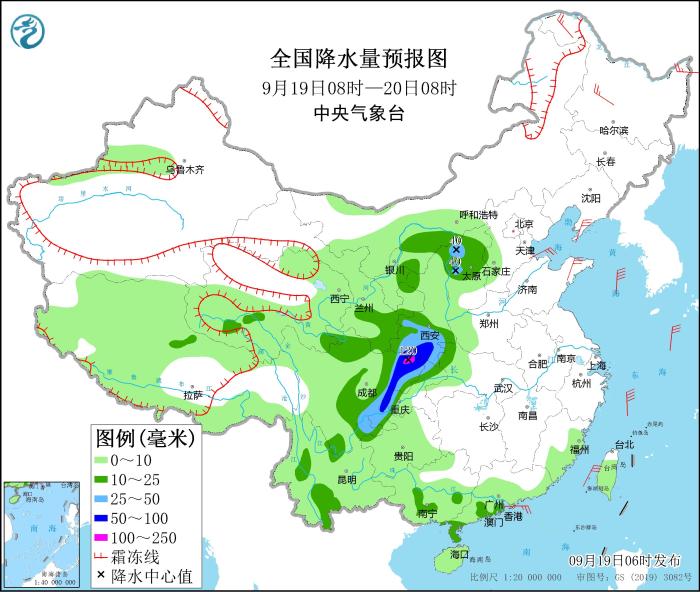 全國降水量預(yù)報圖(9月19日08時-20日08時)