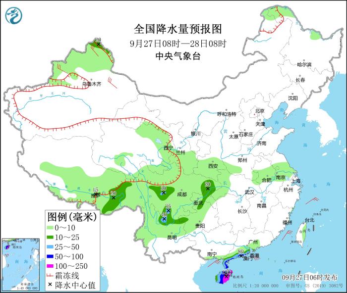 全國(guó)降水量預(yù)報(bào)圖(9月27日08時(shí)-28日08時(shí))