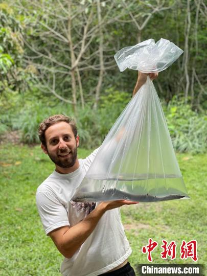 論文第一作者手拿一只美洲肺魚，他剛在巴西的亞馬遜研究所進(jìn)行完錄音(圖源：Basil Minder)?！∈┢樟指瘛ぷ匀?供圖