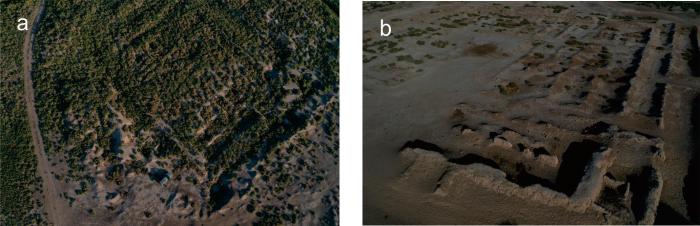 遺址航拍影像：a)Djarkutan神廟遺址；b)Sapalli遺址?！?陳冠翰 供圖
