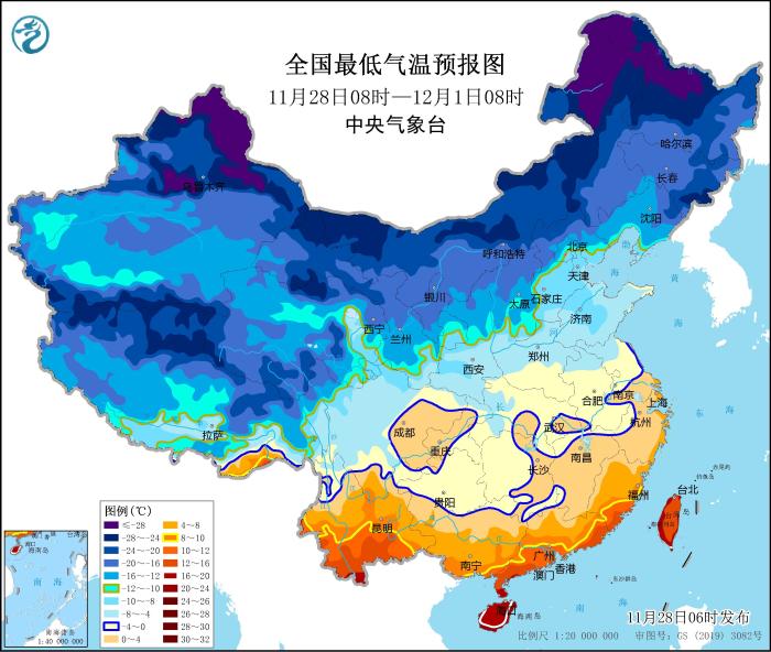 圖2 全國(guó)最低氣溫預(yù)報(bào)圖(11月28日08時(shí)-12月1日08時(shí))