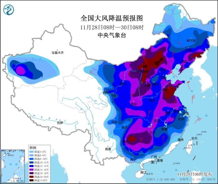 圖3 全國(guó)大風(fēng)降溫預(yù)報(bào)圖(11月28日08時(shí)-30日08時(shí))