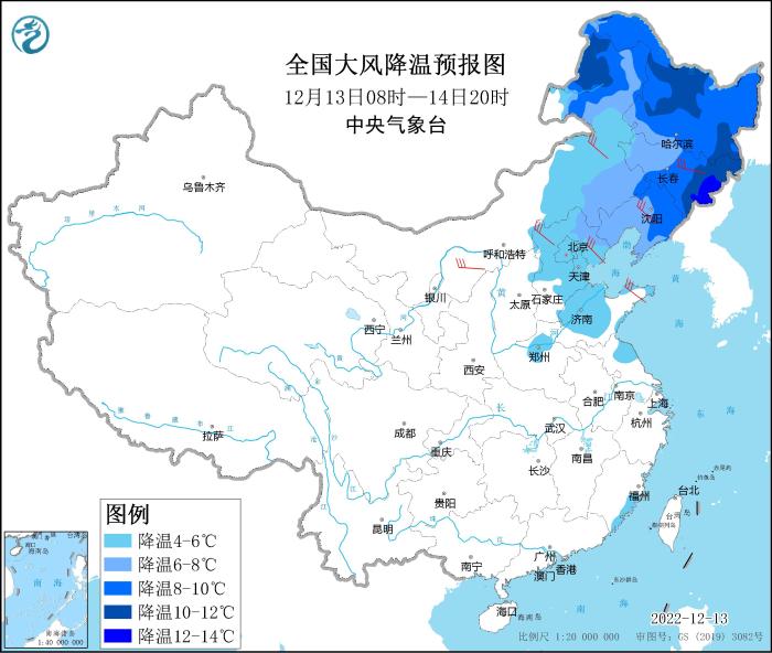 圖1 全國(guó)大風(fēng)降溫預(yù)報(bào)圖（12月13日08時(shí)-14日20時(shí)）