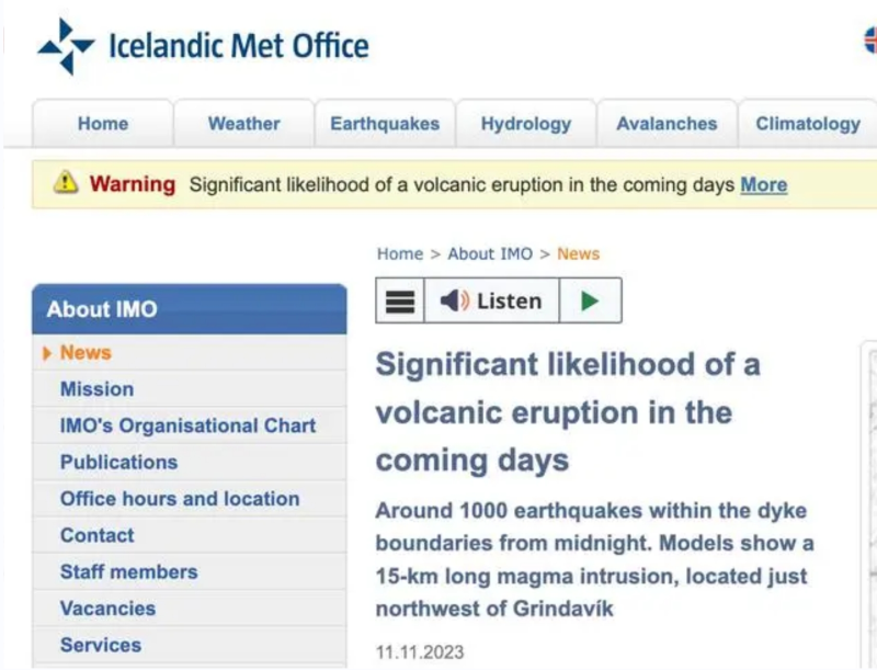 冰島氣象局警告未來(lái)幾天火山噴發(fā)可能性極大。冰島氣象局網(wǎng)站截圖